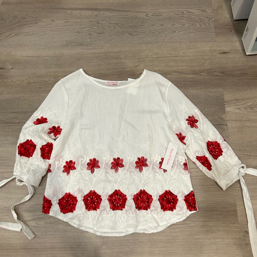 Ana& Rose long sleeve embroidered blouse red white flower